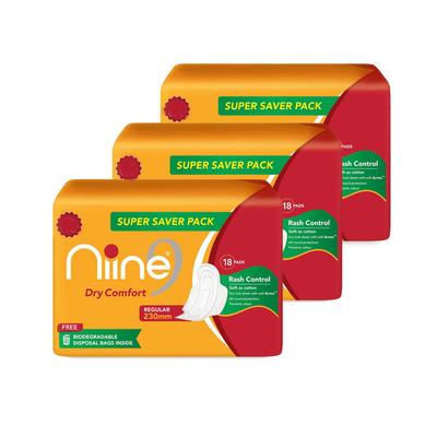 Niine Dry Comfort Sanitary Pads with Biodegradable Disposable Bags - Regular (Pack of 3 x 18's) - Sanitary Napkins