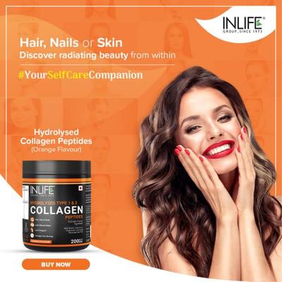 INLIFE Hydrolyzed Collagen Peptides Powder - Orange Flavour 200 gm - Hair & Skin