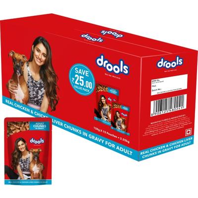 Drools Adult Wet Dog Food, Real Chicken and Chicken Liver Chunks in Gravy, 15 Pouches (15 x 150g) 2250 gm - Petfood
