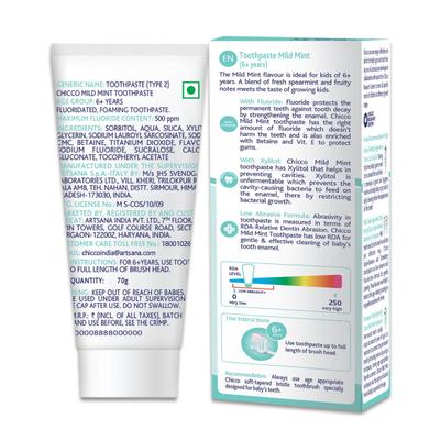 Chicco Toothpaste With Fluoride - Mild Mint (6+ Years) 70 gm - Baby Powder