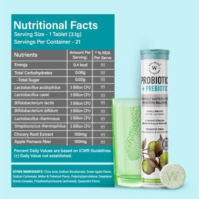 Wellbeing Nutrition Probiotic + Prebiotic Fibre Effervescent Tablet - Green Apple & Peppermint 21's - Digestive Health