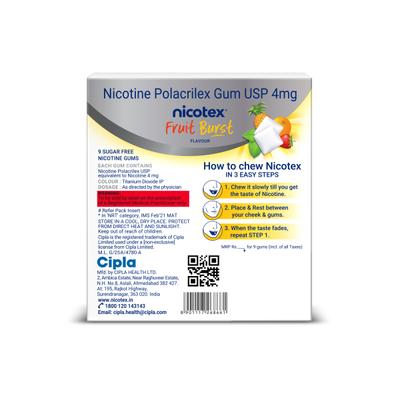 NICOTEX FRUIT BURST FLAVOUR SUGAR FREE 4mg Chew Gum 9's - Smoking cessation