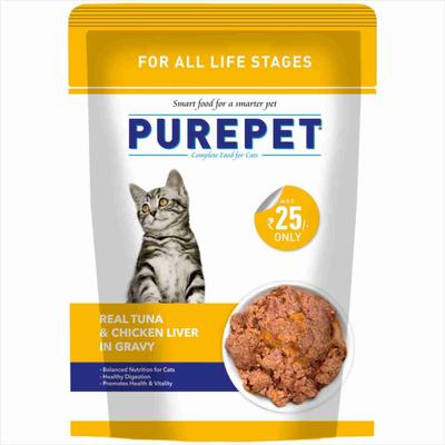 Purepet All Life Stages Wet Cat Food, Real Tuna and Chicken Liver in Gravy, 24 Pouches (24 x 70g) 1600 gm - Petfood