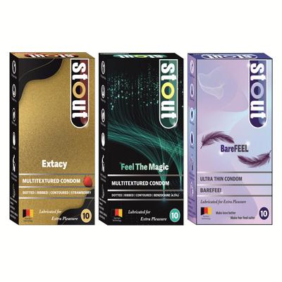 Stout Ultra Thin BareFeel Condoms 10's + Stout Multitextured Feel The Magic Condoms 10's + Stout Multitextured Extacy Condoms - Strawberry 10's (Combo Pack) 1's - Plain/Flavoured Condoms