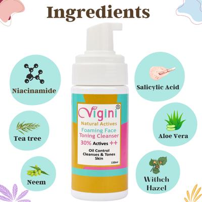 Vigini Natural Actives Foaming Face Toning Cleanser 150 ml + Acne Control Mask - Marine Algae 50 gm - Face Wash & Cleansers