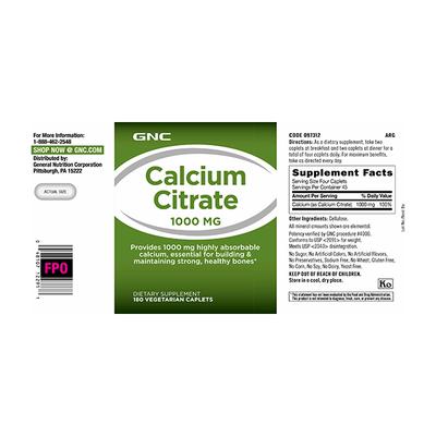 GNC Calcium Citrate 1000 mg Veg Caplet 180's - Calcium And Minerals