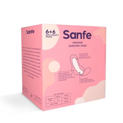 Sanfe Organic Sanitary Pads - Combo Pack (12 Day Pads + 12 Night Pads) - Sanitary Napkins