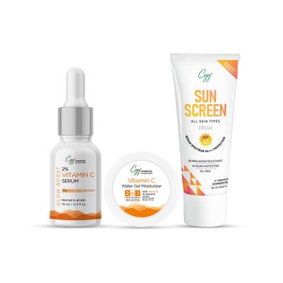 CGG Cosmetics Glow Boost Cosmetics 2% Vitamin C Serum 10 ML + CGG Cosmetics Vitamin C Water Gel Moisturizer 100 gm + CGG Cosmetics Sunscreen Cream SPF 45 50 gm (Combo Pack) 160 gm - Body Sunscreen