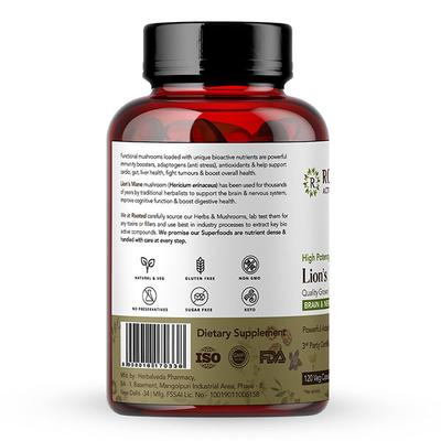Rooted Active Naturals Lion's Mane Mushroom Veg Capsule 120's - Pure Herbs