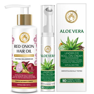 Mom & World Red Onion Hair Oil 200 ml + Aloe Vera Under Eye Roll On Cream 15 ml - Hair Oils