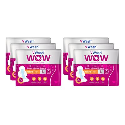 VWash WOW Ultra Thin Sanitary Pad - Large (Pack of 5 x 6's) - Sanitary Napkins