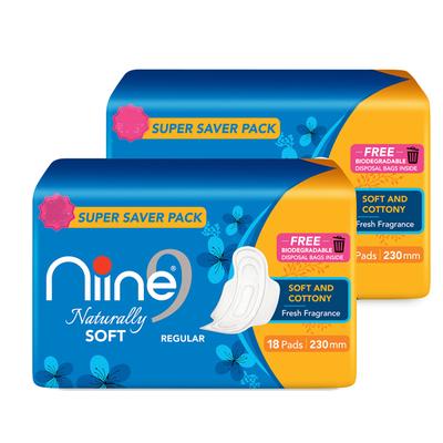 Niine Naturally Soft Sanitary Pads with Biodegradable Disposable Bags - Regular (Pack of 2 x 18's) - Sanitary Napkins