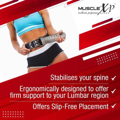MuscleXP Leather Weight Lifting Gym Belt with Buckle Fitness Gym Back Support - Black (XL) 1's - Workout Essentials