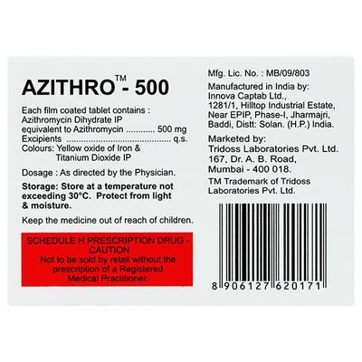 AZITHRO 500 Tablet 3's - Bacterial Infections-Mac
