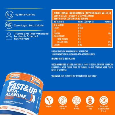 Fast&Up Beta Alanine Essentials 4000 (62 Servings) - Unflavored 250 gm - Workout Essentials