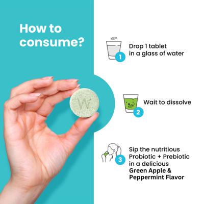 Wellbeing Nutrition Probiotic + Prebiotic Fibre Effervescent Tablet - Green Apple & Peppermint 21's - Digestive Health