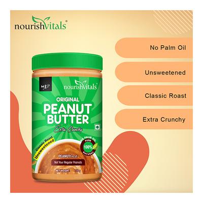 NourishVitals Original Peanut Butter (Extra Crunchy) - Unsweetened 750 gm - Nutritional Bars