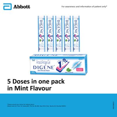 Digene Antacid Antigas Gel On the Go Pack - Mint Flavour (Pack of 5 x 10 ml) - Acidity