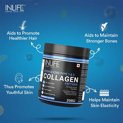 INLIFE Hydrolyzed Type 1 & 3 Collagen Peptides Powder - Blueberry Flavour 200 gm - Hair & Skin