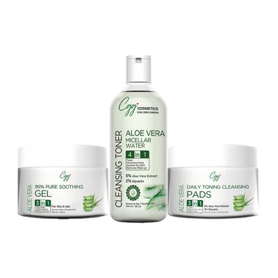 CGG Cosmetics Aloe Vera Facial Kit (Pure Soothing Face Gel 250 gm + Cleansing Toner Micellar Water 300 ml + Daily Toning Cleansing Face Pads 50's) - Face Wash & Cleansers