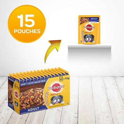 Pedigree Adult Grilled Liver Chunks Flavour in Gravy with Vegetables (Pack of 70gm x 15) 1050 gm - Petfood