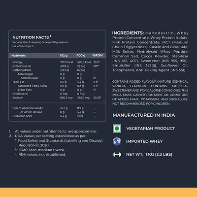 Nutrabay Gold Mega Mass Gainer Powder - Vanilla Ice Cream 1 kg - Weight Gain