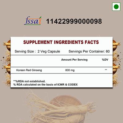 Health Veda Plant Based Korean Red Ginseng 800 mg Veg Capsule 60's - Herbal Dietary Supplement
