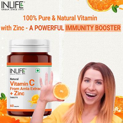 Inlife Natural Vitamin C + Zinc 1000 mg Tablet - Orange Flavour 60's - Vitamin C