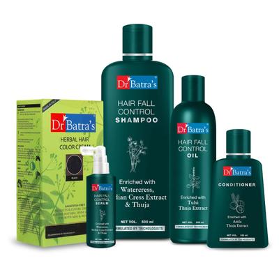 Dr Batra's Hair Fall Control Shampoo 500 ml + Hair Fall Control Oil 200 ml + Hair Fall Control Serum 125 ml + Conditioner 100 ml + Herbal Hair Color Cream - Black - Hair Treatment