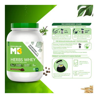 MuscleBlaze Herbs Whey Powder - Rich Chocolate 1 kg - Workout Essentials
