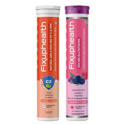 FixUpHealth Natural Amla Effervescent Tablet - Orange Flavour 20s & FixUpHealth Glutathione Effervescent Tablet - Strawberry Flavour 15s 1's - Herbal Dietary Supplement