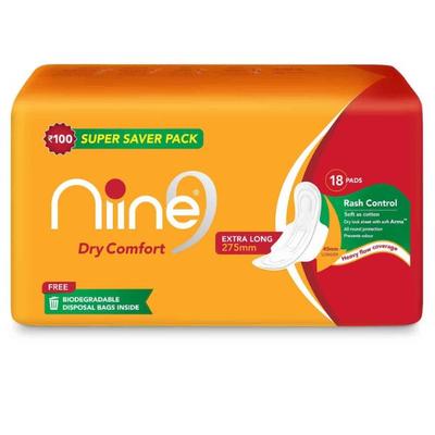 Niine Naturally Soft Sanitary Napkin with Biodegradable Disposable Bags - Extra Long 18's - Sanitary Napkins