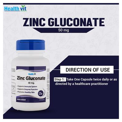HealthVit Zinc Gluconate 50 mg Capsules 60's - Calcium And Minerals