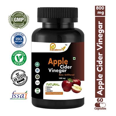 Puraberry Raw Unfiltered Raw Apple Cider Vinegar 800 mg Veg Capsule 60's - Herbal Dietary Supplement