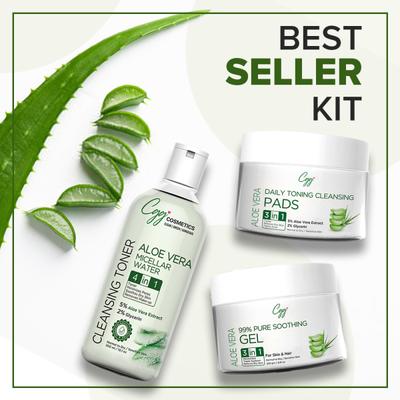 CGG Cosmetics Aloe Vera Facial Kit (Pure Soothing Face Gel 250 gm + Cleansing Toner Micellar Water 300 ml + Daily Toning Cleansing Face Pads 50's) - Face Wash & Cleansers