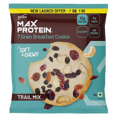RiteBite Max Protein 7 Grain Breakfast Cookie - Trail Mix (Pack of 12 x 55 gm) - Nutritional Bars