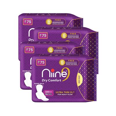 Niine Dry Comfort Sanitary Napkin with Biodegradable Disposable Bags - Ultra Thin XL+ (Pack of 4 x 6's) - Sanitary Napkins