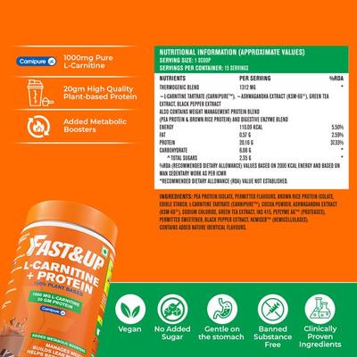 Fast&Up L Carnitine Protein Powder - Creamy Chocolate Flavour 450 gm - Workout Essentials