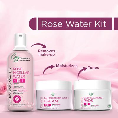 CGG Cosmetics Rose Water Kit (24H Moisture Lock Cream 150 gm + Cleansing Micellar Water 300 ml + Daily Cleansing Face Pads 50's) - Face Wash & Cleansers