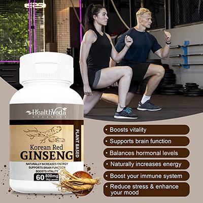 Health Veda Plant Based Korean Red Ginseng 800 mg Veg Capsule 60's - Herbal Dietary Supplement