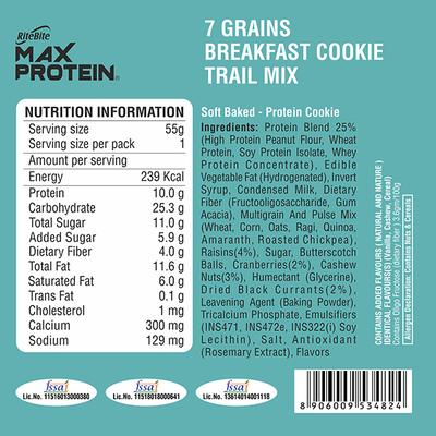 RiteBite Max Protein 7 Grain Breakfast Cookie - Trail Mix (Pack of 12 x 55 gm) - Nutritional Bars