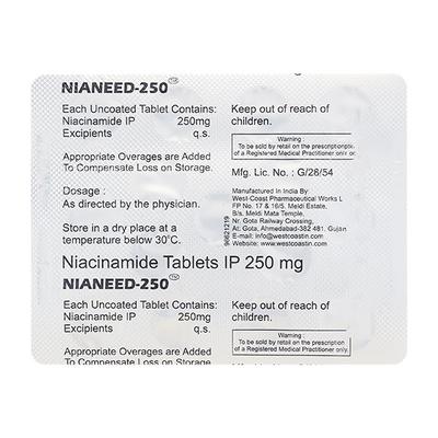 WEST COAST NIANEED 250 NIACINAMIDE 250MG TABLETS 60'S - Hair & Skin