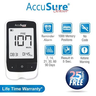 AccuSure Sensor Gluco Meter with 25 Strips - Blood Glucose Monitors/Strips