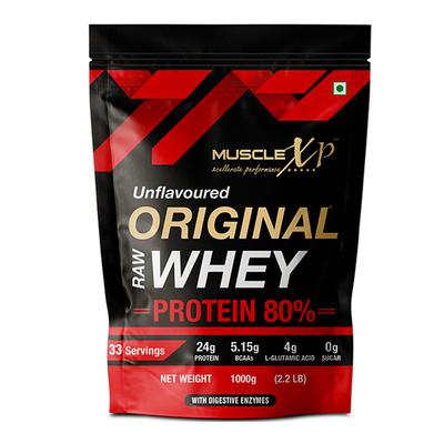MuscleXP Raw Whey Protein Concentrate 80% Powder - Unflavored 1 kg + Shaker 1's - Whey Proteins