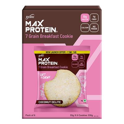 RiteBite Max Protein 7 Grain Breakfast Cookie - Coconut Delite (Pack of 6 x 55 gm) - Nutritional Bars