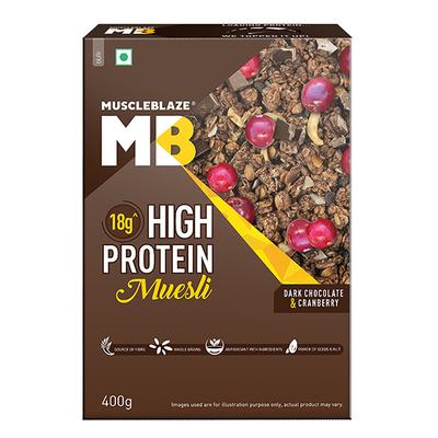 MuscleBlaze High Protein Muesli Mix - Dark Chocolate & Cranberry 400 gm - Nutritional Bars