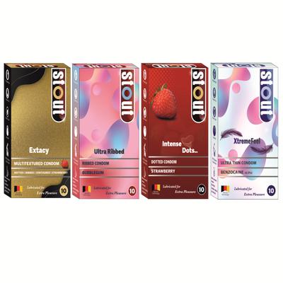 Stout Multitextured Extacy Condoms - Strawberry 10's + Stout Ultra Ribbed Condoms - Bubblegum 10's + Stout Intense Dots Condoms - Strawberry 10's + Stout Ultra Thin XtremeFeel Condoms 10's (Combo Back) 1's - Plain/Flavoured Condoms