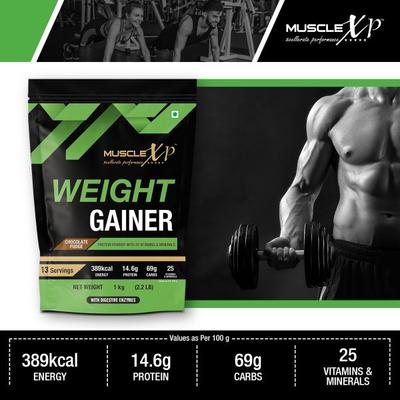 MuscleXP Weight Gainer Protein Powder - Chocolate Fudge 1 kg - Workout Essentials