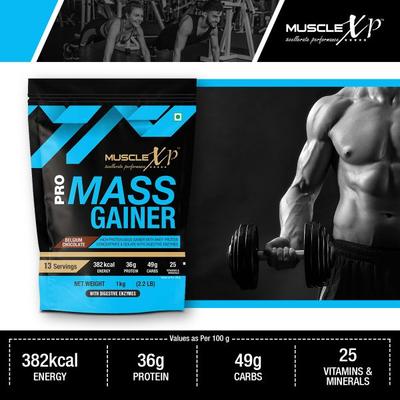 MuscleXP Pro Mass Gainer with Whey Protein Powder - Belgium Chocolate 1 kg - Whey Proteins