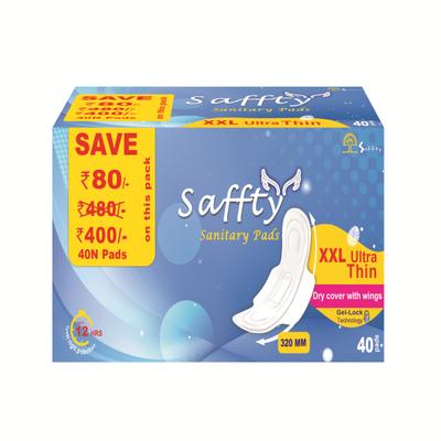 Saffty Ultra Thin Sanitary Pads 320 MM with Dry Cover and Wings (XXL) 40's - Sanitary Napkins